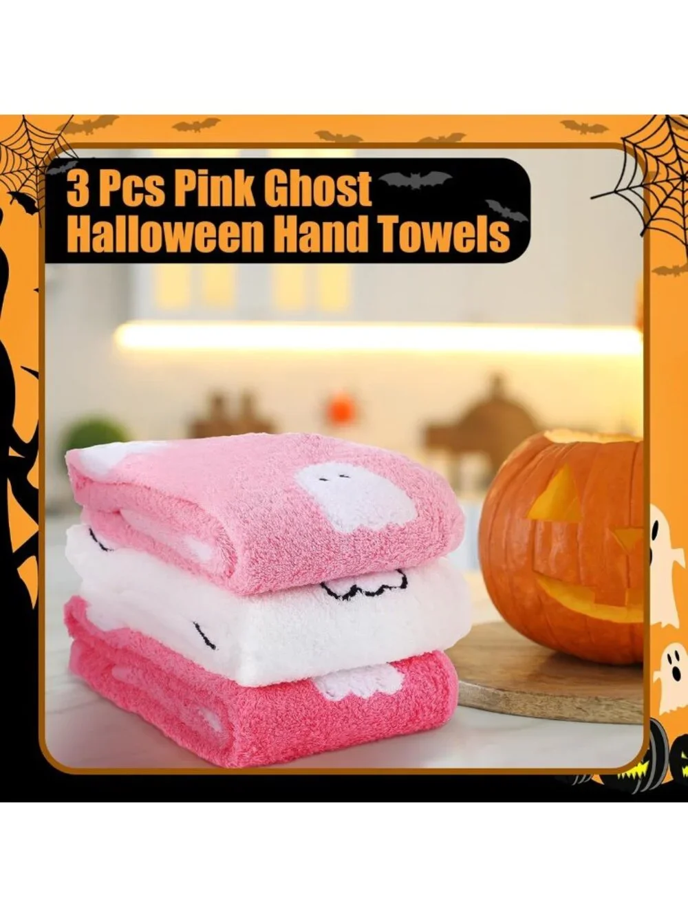 3 Pcs Pink Ghost Hand Towels - 100% Cotton Halloween Decor, Cute Kitchen Gifts